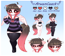 Size: 1836x1602 | Tagged: safe, artist:arwencuack, oc, oc:arwencuack, pegasus, anthro, angry, arm hooves, bandaid, bandaid on nose, belly button, clothes, commission, cute, cute face, dress, female, floppy ears, gothic, heart, heart eyes, off shoulder, off shoulder sweater, outfit, reference, reference sheet, shy, socks, solo, sweater, thigh highs, wingding eyes