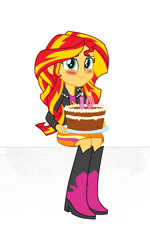 Size: 1440x2400 | Tagged: safe, artist:moogood, derpibooru exclusive, sunset shimmer, human, equestria girls 10th anniversary, equestria girls, g4, blushing, boots, cake, clothes, female, food, looking at you, shoes, sitting, smiling, smiling at you, solo, white background