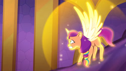 Size: 3072x1727 | Tagged: safe, screencap, sunny starscout, alicorn, pony, g5, i've seen fire and i've seen rain (bows), my little pony: tell your tale, spoiler:g5, spoiler:my little pony: tell your tale, spoiler:tyts01e54, female, frown, mane stripe sunny, mare, race swap, solo, spread wings, sunnycorn, wings