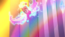 Size: 3072x1727 | Tagged: safe, screencap, opaline arcana, alicorn, pony, g5, i've seen fire and i've seen rain (bows), my little pony: tell your tale, spoiler:g5, spoiler:my little pony: tell your tale, spoiler:tyts01e54, eyes closed, female, flying, mare, open mouth, solo, spread wings, wings