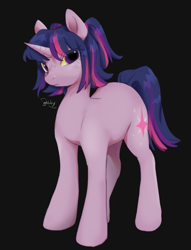 Size: 635x832 | Tagged: safe, artist:g4bby, twilight sparkle, pony, unicorn, g4, black background, female, frown, looking at you, mare, simple background, solo, standing, unicorn twilight