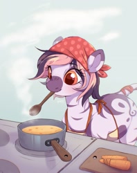 Size: 2232x2824 | Tagged: safe, artist:g4bby, oc, oc only, oc:hu'lakai, zebra, apron, carrot, clothes, cooking, female, food, herbivore, high res, mouth hold, solo, soup, stove