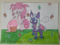 Size: 4096x3072 | Tagged: safe, artist:ask-frenemies, opaline arcana, pinkie pie, alicorn, earth pony, pony, g4, g5, i've seen fire and i've seen rain (bows), my little pony: tell your tale, the ending of the end, spoiler:g5, spoiler:my little pony: tell your tale, spoiler:tyts01e54, alternate scenario, bell, chaos pinkie, chocolate, chocolate rain, cupcake, donut, duo, duo female, female, food, g5 to g4, generation leap, giant cupcake, giant pony, giantess, grin, grogar's bell, high res, jewelry, macro, mare, open mouth, rain, signature, smiling, speech bubble, spread wings, unamused, wings