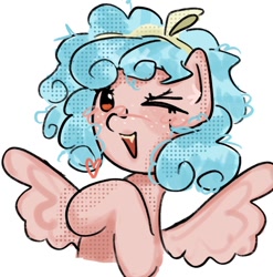 Size: 1086x1098 | Tagged: safe, artist:stanleyiffer, cozy glow, pegasus, pony, g4, bust, one eye closed, open mouth, simple background, smiling, solo, spread wings, white background, wings, wink