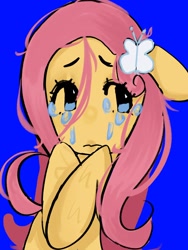 Size: 1620x2160 | Tagged: safe, artist:stanleyiffer, fluttershy, pegasus, pony, g4, blue background, bust, crying, hairpin, simple background, solo