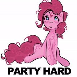 Size: 2048x2048 | Tagged: safe, artist:stanleyiffer, pinkie pie, earth pony, pony, g4, high res, simple background, sitting, solo, text, white background