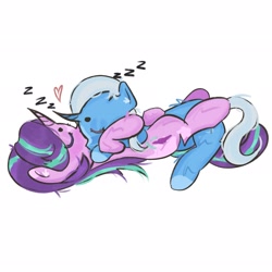 Size: 2048x2048 | Tagged: safe, artist:stanleyiffer, starlight glimmer, trixie, pony, unicorn, g4, duo, female, heart, high res, lesbian, lying down, ship:startrix, shipping, simple background, sleeping, white background