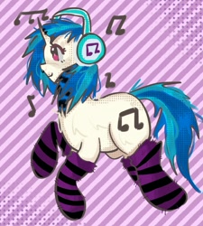 Size: 1783x1981 | Tagged: safe, artist:stanleyiffer, dj pon-3, vinyl scratch, pony, unicorn, g4, clothes, headphones, music notes, side view, smiling, socks, solo, striped socks