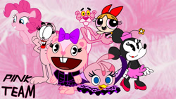 Size: 1192x671 | Tagged: safe, artist:fanvideogames, pinkie pie, bird, cat, human, mouse, pony, anthro, g4, arlene, blossom (powerpuff girls), bow, crossover, female, garfield, giggles (happy tree friends), hair bow, happy tree friends, minnie mouse, pink, pink panther, stella (angry birds), the powerpuff girls