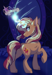 Size: 1668x2388 | Tagged: safe, artist:carouselunique, sunset shimmer, pony, unicorn, equestria girls 10th anniversary, equestria girls, g4, big crown thingy, butt, crystal castle, element of magic, glowing, glowing horn, horn, jewelry, looking back, magic mirror, photo, plot, regalia, solo