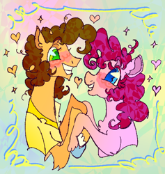 Size: 498x525 | Tagged: safe, artist:furbey, cheese sandwich, pinkie pie, earth pony, pony, g4, blushing, colored hooves, duo, female, heart, looking at each other, looking at someone, male, ship:cheesepie, shipping, straight