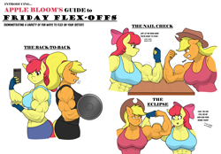 Size: 4314x3000 | Tagged: safe, artist:matchstickman, apple bloom, applejack, earth pony, anthro, matchstickman's apple brawn series, g4, abs, apple bloom's bow, apple brawn, apple sisters, applejack is not amused, applejack's hat, applejacked, armpits, biceps, bow, breasts, busty apple bloom, busty applejack, cellphone, clothes, comic, cowboy hat, deltoids, dialogue, dumbbell (object), duo, female, fingerless gloves, flexing, gloves, gritted teeth, hair bow, hat, mare, muscles, muscular female, older, older apple bloom, pecs, phone, siblings, simple background, sisters, sweat, teeth, triceps, unamused, weights, white background