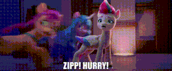 Size: 400x167 | Tagged: safe, edit, edited screencap, screencap, izzy moonbow, sunny starscout, zipp storm, earth pony, pegasus, pony, unicorn, g5, my little pony: a new generation, my little pony: tell your tale, spoiler:g5, spoiler:my little pony: a new generation, animated, caption, female, gif, mare, running, text