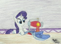 Size: 3651x2646 | Tagged: safe, artist:opti, rarity, pony, unicorn, g4, atg 2023, high res, newbie artist training grounds, sewing, sewing machine, solo, traditional art