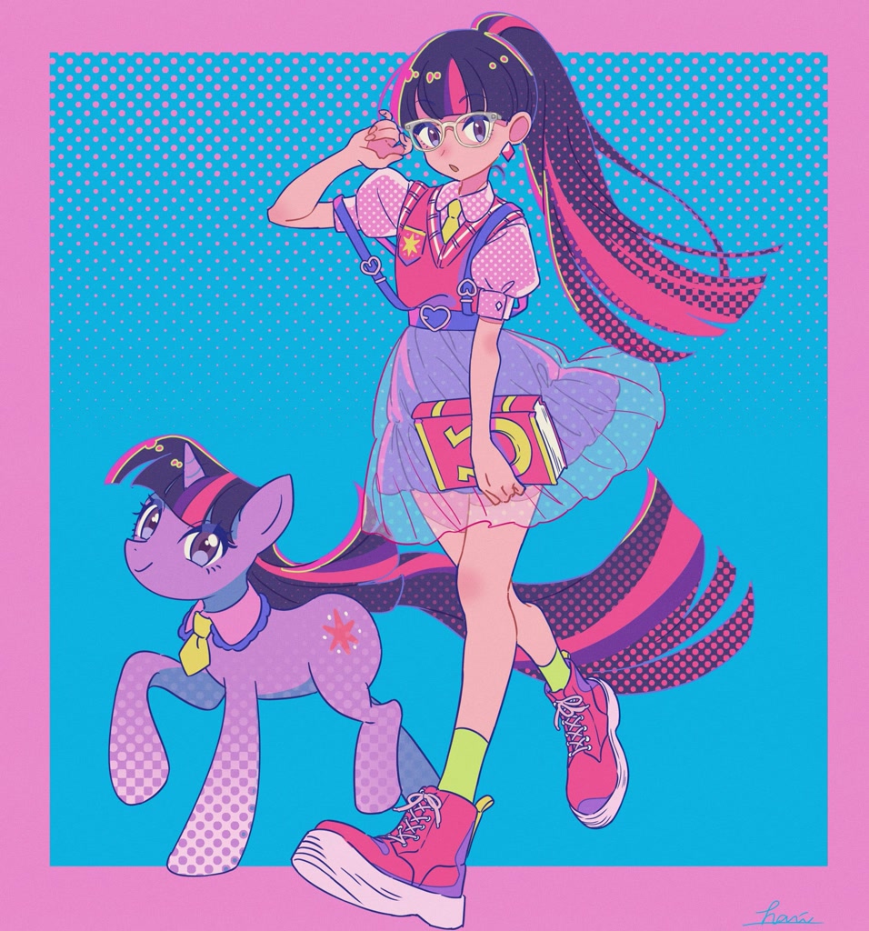 [book,duality,duo,female,glasses,human,human ponidox,humanized,looking at you,mare,necktie,pony,safe,self ponidox,suspenders,twilight sparkle,unicorn,self paradox,sci-twi,unicorn twilight,artist:haricokko]
