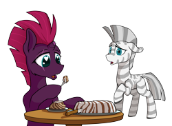 Size: 8200x6000 | Tagged: safe, artist:dacaoo, tempest shadow, oc, pony, unicorn, zebra, g4, absurd resolution, bipedal, broken horn, cake, colored pupils, concerned, duo, eating, enjoying, eye scar, facial scar, floppy ears, food, fork, heart, heart eyes, horn, knife, looking at someone, looking at something, open mouth, raised hoof, scar, shading, shocked, shocked expression, shocked eyes, simple background, standing, teeth, transparent background, wingding eyes, zebra cake, zebra oc