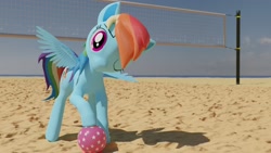 Size: 1920x1080 | Tagged: safe, artist:belligerent_drunk, rainbow dash, g4, 3d, ball, beach, looking at you, ocean, one eye closed, sand, spread wings, volleyball net, water, wings, wink