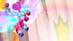 Size: 3072x1727 | Tagged: safe, screencap, opaline arcana, alicorn, pony, g5, i've seen fire and i've seen rain (bows), my little pony: tell your tale, spoiler:g5, spoiler:my little pony: tell your tale, spoiler:tyts01e54, eyes closed, female, flying, mare, open mouth, solo, spread wings, wings