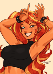 Size: 2039x2850 | Tagged: safe, artist:nire, sunset shimmer, human, equestria girls 10th anniversary, equestria girls, g4, armpits, bracelet, breasts, ear piercing, earring, female, freckles, high res, jewelry, looking at you, midriff, moderate dark skin, nail polish, peppered bacon, piercing, simple background, smiling, smiling at you, solo, spiked wristband, stupid sexy sunset shimmer, tan lines, tan skin, tanned, wristband