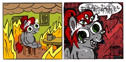 Size: 2400x1194 | Tagged: safe, alternate character, alternate version, artist:opalacorn, oc, oc only, oc:void, pegasus, pony, 2 panel comic, coffee mug, comic, dialogue, distorted text, female, fire, forked tongue, laurel wreath, mare, mug, multiple eyes, nose piercing, nose ring, piercing, sharp teeth, solo, speech bubble, teeth, this is fine