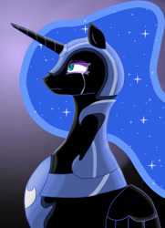 Size: 1024x1413 | Tagged: safe, artist:halobanana99, artist:rex42, artist:valcron, colorist:rex42, nightmare moon, oc, oc:nyx, alicorn, pony, g4, armor, black background, chamfron, chestplate, criniere, ethereal mane, eyeshadow, fanfic, fanfic art, fanfic cover, gradient background, helmet, lavender background, makeup, nightmare nyx, slit pupils, solo, white sclera