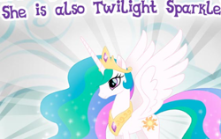 Size: 728x461 | Tagged: safe, gameloft, princess celestia, alicorn, pony, g4, my little pony: magic princess, blatant lies, cropped, crown, english, ethereal mane, female, horn, implied twilight sparkle, jewelry, mare, meme, regalia, solo, spread wings, text, wings, wow! glimmer, wrong