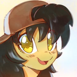 Size: 600x600 | Tagged: safe, artist:mirroredsea, oc, oc only, oc:hay tea, pony, g4, backwards ballcap, baseball cap, bust, cap, hat, looking at you, open mouth, portrait, smiling, solo