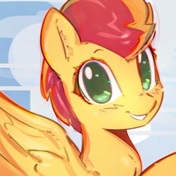 Size: 600x600 | Tagged: safe, artist:mirroredsea, oc, oc only, oc:panic, pegasus, pony, g4, bust, grin, looking at you, raised hoof, smiling, solo