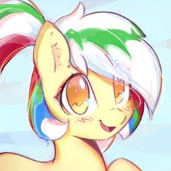 Size: 600x600 | Tagged: safe, artist:mirroredsea, oc, oc only, oc:tcb, earth pony, pony, g4, bust, looking at you, open mouth, raised hoof, smiling, solo