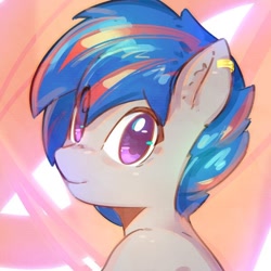 Size: 600x600 | Tagged: safe, artist:mirroredsea, oc, oc only, oc:eksoka, pony, g4, bust, ear piercing, eye clipping through hair, looking at you, looking back, looking back at you, piercing, sitting, smiling, solo