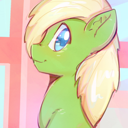 Size: 600x600 | Tagged: safe, artist:mirroredsea, oc, oc only, oc:ponytronic, pony, g4, bust, hair over one eye, looking at you, profile, sitting, smiling, solo