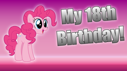 Size: 1920x1080 | Tagged: dead source, safe, artist:awesomebrony, artist:eonmaster, pinkie pie, earth pony, pony, g4, 1080p, 18, birthday, caption, female, glowing, gradient background, hooves, image macro, mare, open mouth, pink background, smiling, solo, standing, text, thumbnail, youtube link, youtube thumbnail