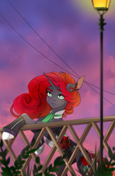 Size: 1500x2300 | Tagged: safe, artist:mari_deer, oc, oc only, oc:rose regalia, pony, unicorn, beautiful, clothes, evening, eye clipping through hair, eyebrows, eyebrows visible through hair, female, green eyes, horn, lamp, lamppost, leaning on railings, mare, plant, railing, rapier, red hair, solo, sword, unicorn oc, weapon