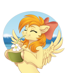Size: 4000x4500 | Tagged: safe, artist:silverfir, oc, oc only, oc:deliambre, pegasus, pony, bow, drink, drinking, drinking straw, ear fluff, eyes closed, floppy ears, flower, hair bow, simple background, smiling, spread wings, transparent background, wings