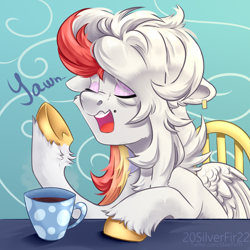 Size: 4000x4000 | Tagged: safe, artist:silverfir, oc, pegasus, pony, chair, chest fluff, coffee, coffee mug, drink, ear piercing, earring, eyes closed, eyeshadow, floppy ears, fluffy, folded wings, hooves, jewelry, makeup, mug, piercing, raised hoof, table, wings, yawn