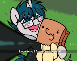 Size: 1289x1027 | Tagged: safe, artist:paperbagpony, oc, oc:invictus europa, oc:paper bag, blushing, clothes, glasses, grass, jacket, selfie