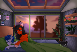 Size: 2500x1700 | Tagged: safe, artist:mari_deer, oc, oc:ever ready, oc:shady apple, earth pony, pony, bed, bedroom, bedsheets, blurry background, couple, cozy, cute, earth pony oc, flower, high res, messy mane, morning, photo, pillow, plant, romantic, shelf, sleeping, sun, tree, waking up, window