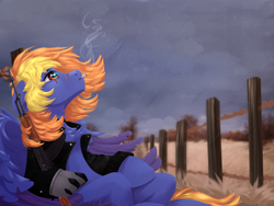Size: 4000x3000 | Tagged: safe, artist:silverfir, oc, pegasus, pony, ak-47, amputee, assault rifle, barbed wire, chest fluff, cigarette, clothes, cloud, cloudy, eye scar, facial scar, fence, field, floppy ears, fluffy, gun, jacket, leather, leather jacket, pensive, prosthetic limb, prosthetics, rain, rifle, scar, sitting, sky, smoke, smoking, spread wings, weapon, wind, windswept mane, wings