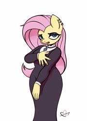 Size: 2037x2832 | Tagged: safe, artist:gromzomb, fluttershy, anthro, g4, clothes, dress, ear piercing, earring, female, fluttergoth, high res, jewelry, lidded eyes, looking at you, mare, piercing, simple background, solo, white background, wingless, wingless anthro