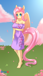 Size: 2160x3840 | Tagged: safe, artist:duderedblue, artist:mineiwi, fluttershy, oc, pegasus, anthro, plantigrade anthro, g4, arm under breasts, barefoot, breasts, busty fluttershy, clothes, cloud, collaboration, cute, dress, feet, female, field, floral print, flower, grass, grass field, high res, long tail, looking at you, outdoors, pegasus oc, shyabetes, signature, sky, smiling, solo, tail, wings