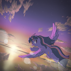 Size: 2577x2577 | Tagged: safe, artist:yanamosuda, twilight sparkle, alicorn, pony, g4, album cover, cloud, dutch angle, female, flying, high res, lens flare, looking at you, looking back, looking back at you, mare, open mouth, outdoors, sky, solo, spread wings, sunset, twilight sparkle (alicorn), wings