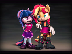 Size: 7200x5400 | Tagged: safe, artist:imafutureguitarhero, sci-twi, sunset shimmer, twilight sparkle, mobian, unicorn, anthro, plantigrade anthro, equestria girls 10th anniversary, equestria girls, g4, 3d, absurd file size, absurd resolution, arm fluff, arm freckles, belt, belt buckle, black bars, blushing, boots, bowtie, cheek fluff, chromatic aberration, clothes, colored eyebrows, colored eyelashes, crossover, duo, ear fluff, ear freckles, equestria girls outfit, female, film grain, floppy ears, fluffy hair, fluffy mane, fluffy tail, freckles, gloves, hands behind back, height difference, horn, implied transformation, inspired by another artist, jacket, jewelry, leg fluff, leg freckles, lesbian, letterboxing, looking at someone, mare, multicolored hair, multicolored mane, multicolored tail, nose wrinkle, open mouth, peppered bacon, revamped anthros, revamped ponies, ship:sci-twishimmer, ship:sunsetsparkle, shipping, shirt, shoes, signature, skirt, smiling, socks, sonic the hedgehog (series), sonicified, source filmmaker, spiked wristband, tail, unicorn twilight, vest, wall of tags, wristband