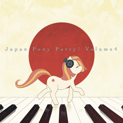 Size: 2000x2000 | Tagged: safe, artist:yanamosuda, oc, oc only, oc:poniko, earth pony, pony, album cover, cover art, eyes closed, female, headphones, high res, japanese flag, mare, musical instrument, piano, solo, walking