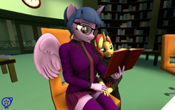 Size: 3449x2160 | Tagged: safe, artist:rainsstudio, sci-twi, sunset shimmer, twilight sparkle, alicorn, unicorn, anthro, plantigrade anthro, equestria girls 10th anniversary, g4, 3d, blazer, book, breasts, canterlot high, clothes, duo, female, glasses, hand on leg, high res, holding hands, jacket, kneeling, lesbian, library, necktie, nexgen, pants, reading, reasonably sized breasts, school, school uniform, ship:sci-twishimmer, ship:sunsetsparkle, shipping, shirt, sitting, skirt, smiling, socks, source filmmaker, stockings, studs, thigh highs