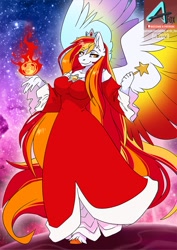 Size: 777x1100 | Tagged: safe, artist:arctic-fox, oc, oc only, oc:diamond sun, pegasus, anthro, unguligrade anthro, abstract background, clothes, crown, dress, fire, jewelry, pegasus oc, regalia, solo, spread wings, wand, wings