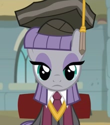 Size: 728x827 | Tagged: safe, screencap, maud pie, earth pony, pony, g4, rock solid friendship, chair, clothes, college, female, graduation, graduation cap, hat, mare, maud pie's tie, necktie, robe, rocktorate, sitting, solo, stage