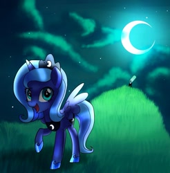 Size: 987x1005 | Tagged: safe, artist:andromedasparkz, princess luna, alicorn, pony, g4, cloud, crown, female, filly, foal, grass, jewelry, moon, moonlight, night, open mouth, raised hoof, regalia, solo, stars, telescope, woona, younger