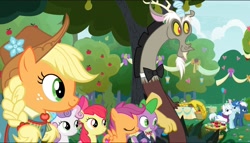 Size: 1784x1022 | Tagged: safe, screencap, apple bloom, applejack, discord, double diamond, night glider, party favor, scootaloo, spike, sweetie belle, draconequus, dragon, earth pony, pegasus, pony, unicorn, g4, the big mac question, apple, apple tree, applejack's country dress, banner, bowtie, braid, bush, clothes, cloud, cute, discute, dress, eyes closed, female, food, formal wear, gown, hat, male, mare, pear, pear tree, smiling, spike's second bow tie, stallion, sweet apple acres, table, tree, tuxedo, winged spike, wings