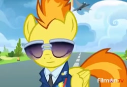 Size: 1198x823 | Tagged: safe, screencap, spitfire, pegasus, pony, g4, top bolt, bush, clothes, cloud, cropped, drill sergeant, eyes closed, female, grass, mare, necktie, solo, spitfire's tie, suit, sunglasses, uniform, whistle necklace, wonderbolts dress uniform