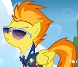 Size: 1387x1194 | Tagged: safe, screencap, spitfire, pegasus, pony, g4, top bolt, bush, clothes, cloud, cropped, drill sergeant, eyes closed, female, mare, necktie, solo, spitfire's tie, stern, suit, sunglasses, uniform, whistle necklace